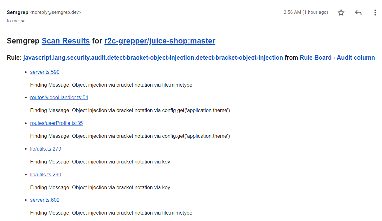 Semgrep AppSec Platform email with findings
